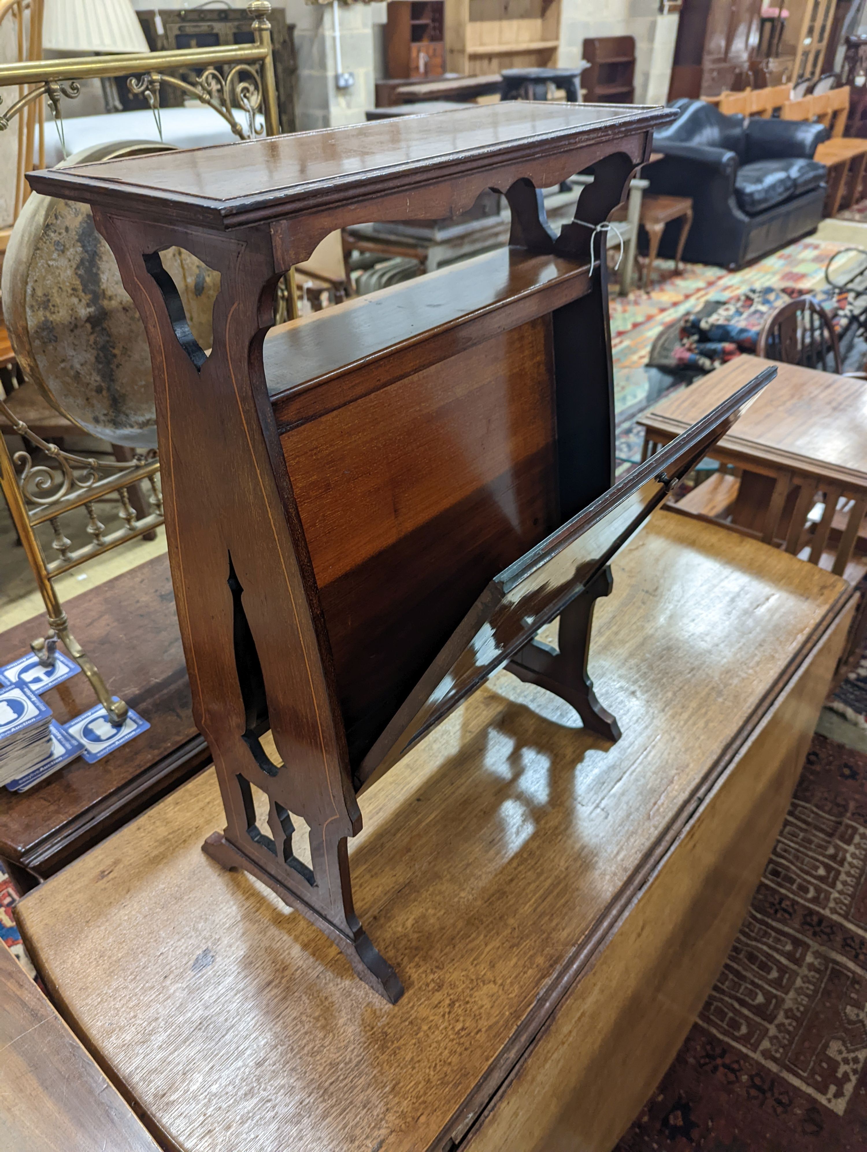 An Edwardian satinwood banded mahogany newspaper stand, width 54cm, depth 22cm, height 75cm